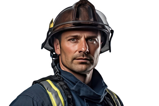A firefighter in uniform  isolated on transparent and white background.PNG image.	