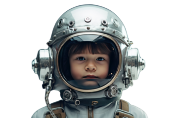 Cute boy wearing an astronaut helmet isolated on transparent and white background.PNG image.