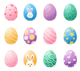 Big set of eggs for easter isolated on white background, cartoon