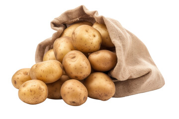 Potatoes in a burlap bag, isolated on transparent and white background.PNG image.