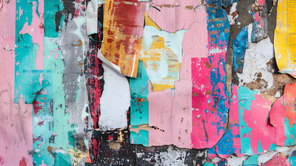 Colorful torn posters on grunge old walls as cre