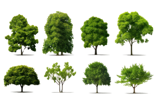 Set of green trees isolated on whiteisolated on transparent and white background.PNG image.
