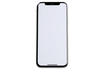 Smartphone with blank white screen isolated on transparent and white background.PNG image.	