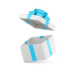 White luxury open gift box flying empty present pack with blue bow ribbon 3d icon realistic vector
