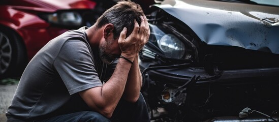A remorseful man sits in front of a wrecked car, holding his head in pain after a car crash. - obrazy, fototapety, plakaty
