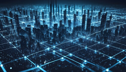 Modern cityscape with sky scraper buildings and modern interconnected technology network grid  from above 3D imaginative rendering in blue at night   