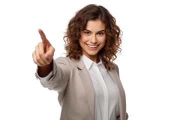 woman pointing her finger to you,  isolated on transparent and white background.PNG image.	