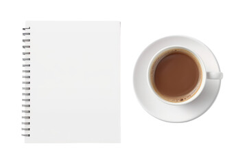 Obraz na płótnie Canvas Top view Cup of coffee and notepad isolated on transparent and white background.PNG image. 