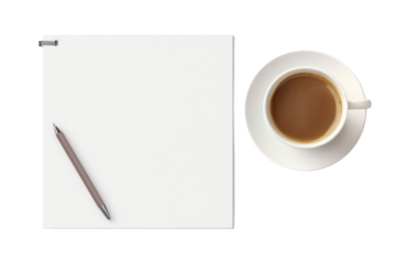 Top view Cup of coffee and notepad isolated on transparent and white background.PNG image.