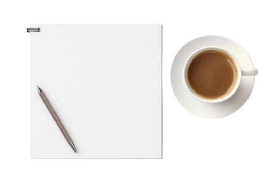 Top view Cup of coffee and notepad  isolated on transparent and white background.PNG image.	