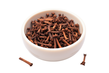 Dried Cloves in a Bowl, isolated on transparent and white background.PNG image.