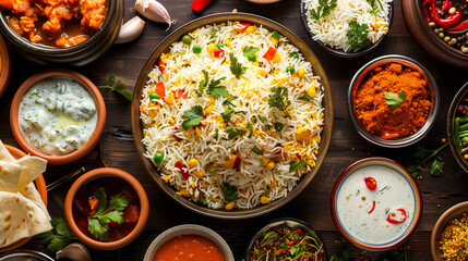 Indian rice pulav making material background, curd, top angle