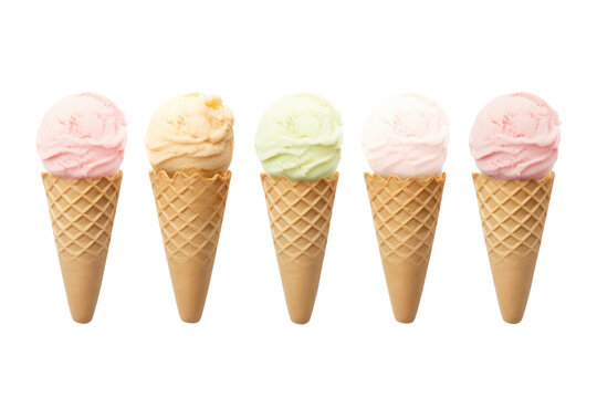 Row of ice cream scoops, isolated on transparent and white background.PNG image.	