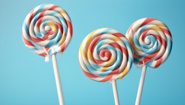 Blue, ywllow and red spiral lollipops on pastel blue background