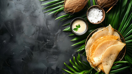 Fototapeta na wymiar Indian dosa background, savar, coconut sauce, coconut green leaf