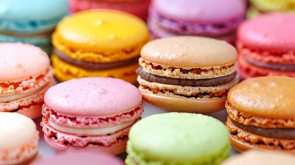 Fototapeta premium Assorted collection of colorful macarons creating a vibrant and enticing background display