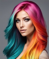 Fototapeta premium Woman with Rainbow Colored Hair Flowing on Pastel Background