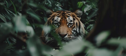 Majestic tiger emerging from dark tropical jungle leaves, wildlife in natural habitat
