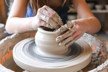 A girl is sculpting a clay pot focusing on intricate details and molding clay into shape, world art day photography