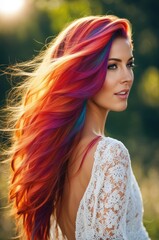 Naklejka premium Portrait of Woman with Pastel Rainbow Hair in Sunlight