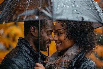 An affectionate couple looks into each other's eyes under a rain-speckled umbrella surrounded by vibrant fall foliage.
