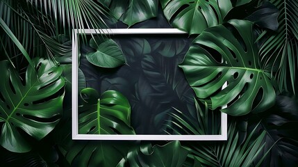 Tropical leaves foliage jungle plant bush nature backdrop with white frame on black background. Generative Ai