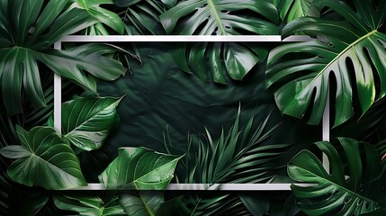 Fototapeta na wymiar Tropical leaves foliage jungle plant bush nature backdrop with white frame on black background. Generative Ai