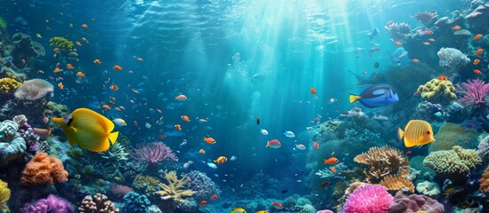 Fototapeta na wymiar Vibrant Diversity: A Large School of Colorful Fish Exploring a Lively Coral Reef