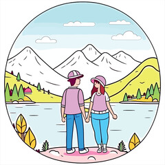 Fototapeta premium Travelers couple look at the mountain lake. Generative AI