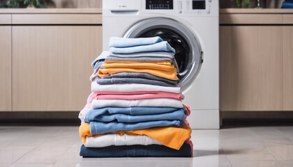Stack of clothes in front of a washing machine in the laundry room. Clean concept