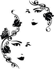 beautiful woman face with rose flowers and butterfly decor black and white vector head portrait design set for natural beauty and care concept