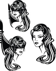 mysterious beautiful woman with long gorgeous hair and face covered under mask by gondola boat - venetian carnival black and white vector portrait