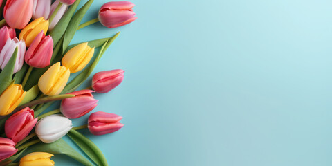 Fototapeta na wymiar Bunch of colorful tulips on a blue background. Banner. Copy space for text