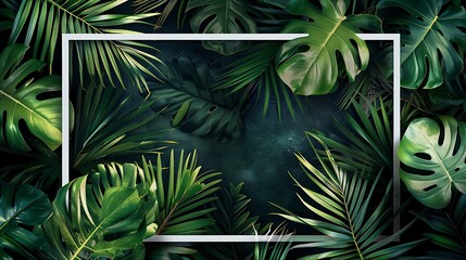Tropical leaves foliage jungle plant bush nature backdrop with white frame on black background. Generative Ai