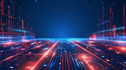 Digital data stream with binary code encryption concept in glowing red and blue pixelated interface