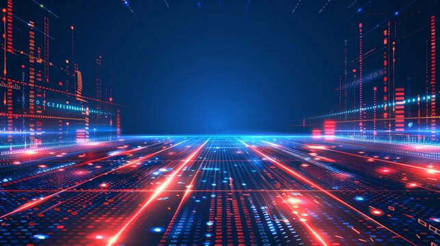 Digital data stream with binary code encryption concept in glowing red and blue pixelated interface