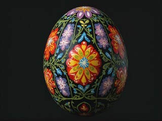A large, beautifully decorated Easter egg featuring complex floral patterns on a dark background