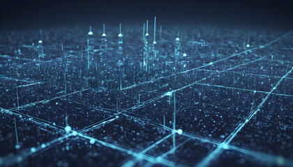 Modern cityscape with sky scraper buildings and modern interconnected technology network grid  from above 3D imaginative rendering in blue at night   
