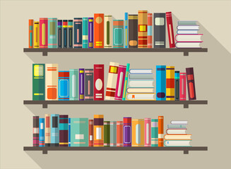 books on bookshelves in flat design style vector illustration © totallyout