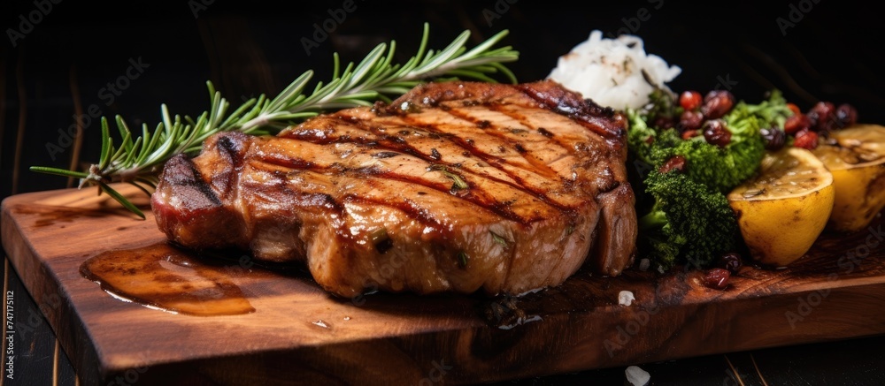 Sticker a piece of tender, juicy pork steak resting on a wooden cutting board, showcasing the grill marks an