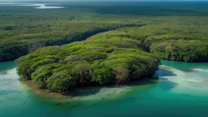 Aerial drone view of mangrove forest and sea landscape