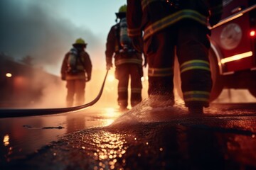 Selective focus Firemen fighting a burning fire with flames to rescuing people Created with Generative AI technology.