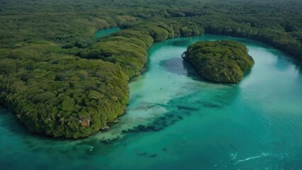 Aerial drone view of mangrove forest and sea landscape