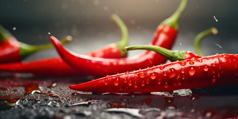 Drops of water fall on chili pepper,Close up red chilli pepper food vegetable market, Red hot chili peppers with splashes of water on a black background,Red and green chili peppers with water drops on - obrazy, fototapety, plakaty