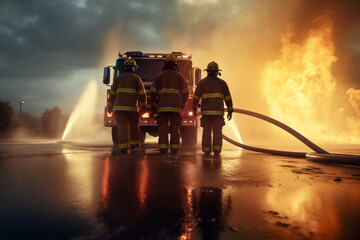 Fototapeta premium Selective focus Firemen fighting a burning fire with flames to rescuing people Created with Generative AI technology.
