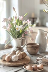 Wooden table with vase of flowers and eggs