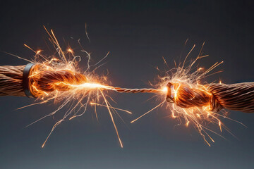 Advertising image, banner for electronics repair. Sparkling braided metal copper wire on a gray background.