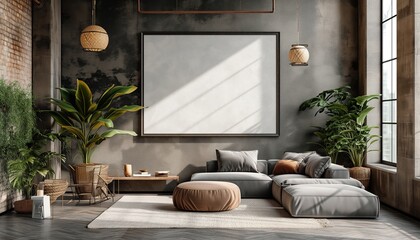 Stylish Living Room Interior with Blank frame Poster, Modern interior design. living room interior with sofa and armchair, shelf with art decoration. - 747175551