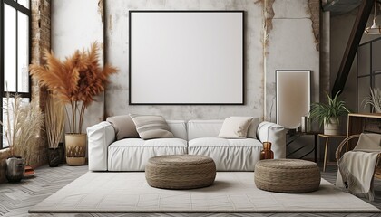 Stylish Living Room Interior with Blank frame Poster, Modern interior design. living room interior with sofa and armchair, shelf with art decoration. - 747175553