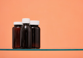Brown medicine jars. Dietary supplements, pills. Copy space for text.